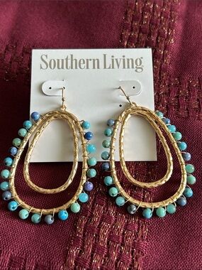 Southern Living Gold Teardrop Earrings with Turquoise and Blue Beads